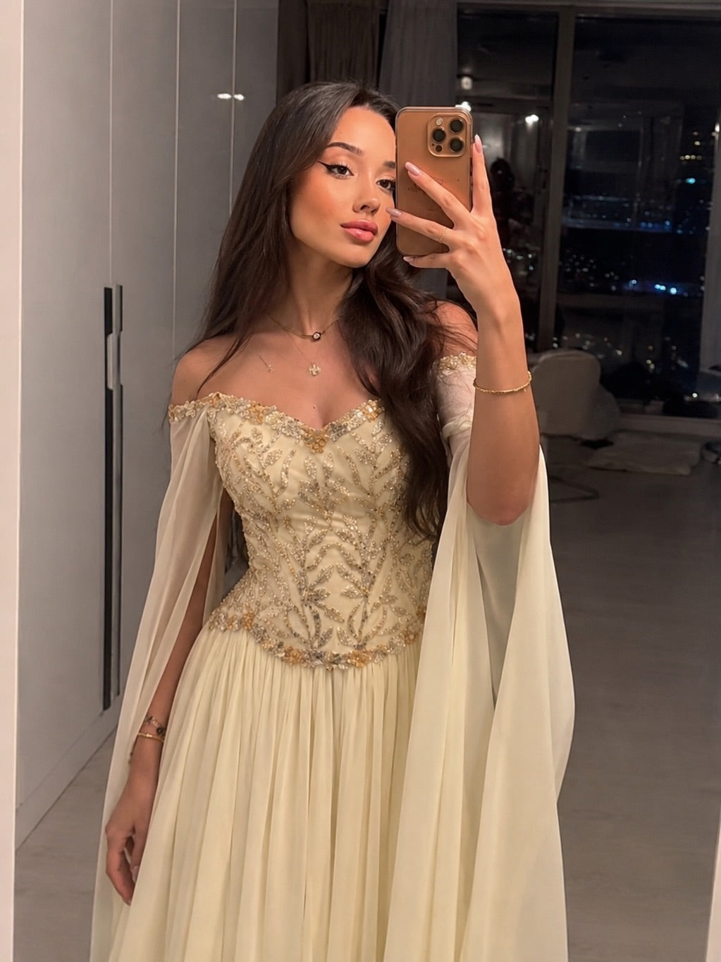 Off-The-Shoulder Beaded Corset Cape Sleeve Gown