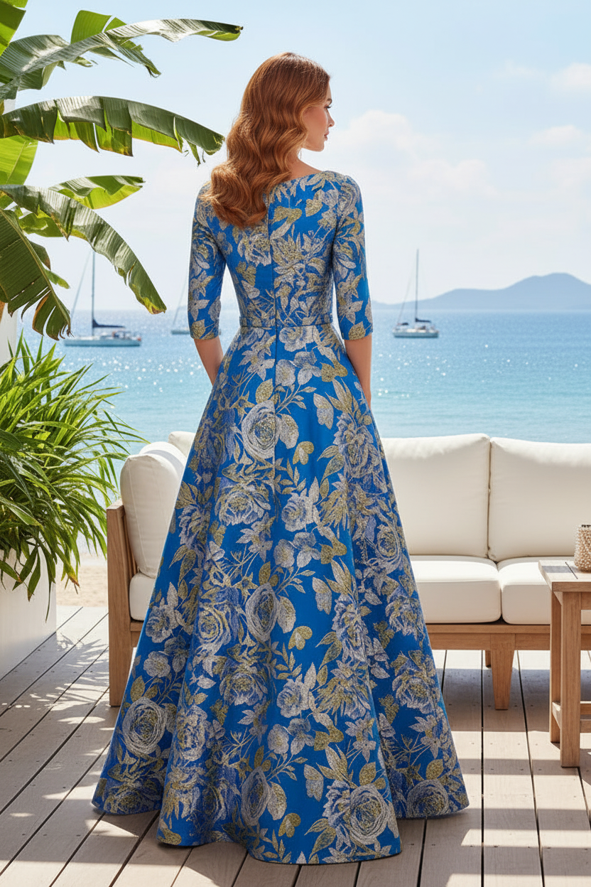 Floral Jacquard A-Line Evening Gown with Sleeves