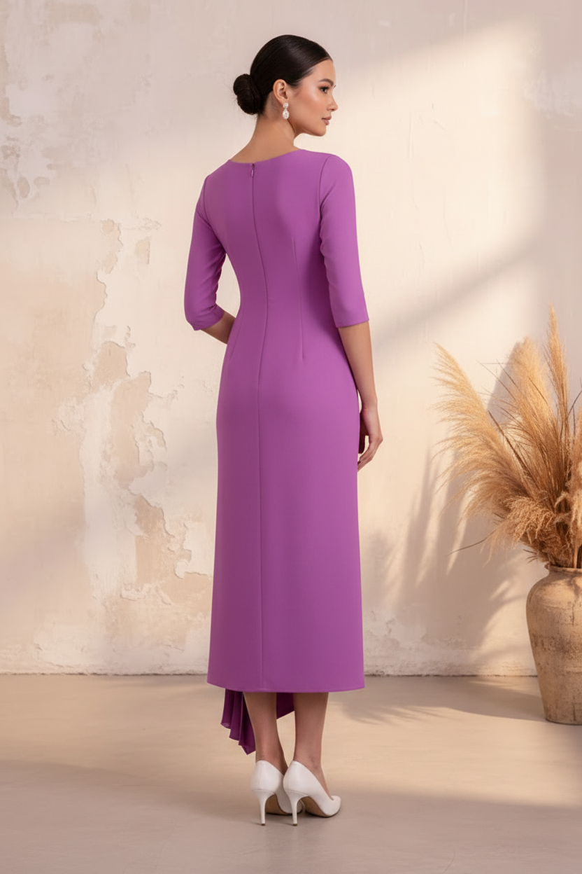 Elegant 3/4 Sleeve Midi Dress with 3D Flowers