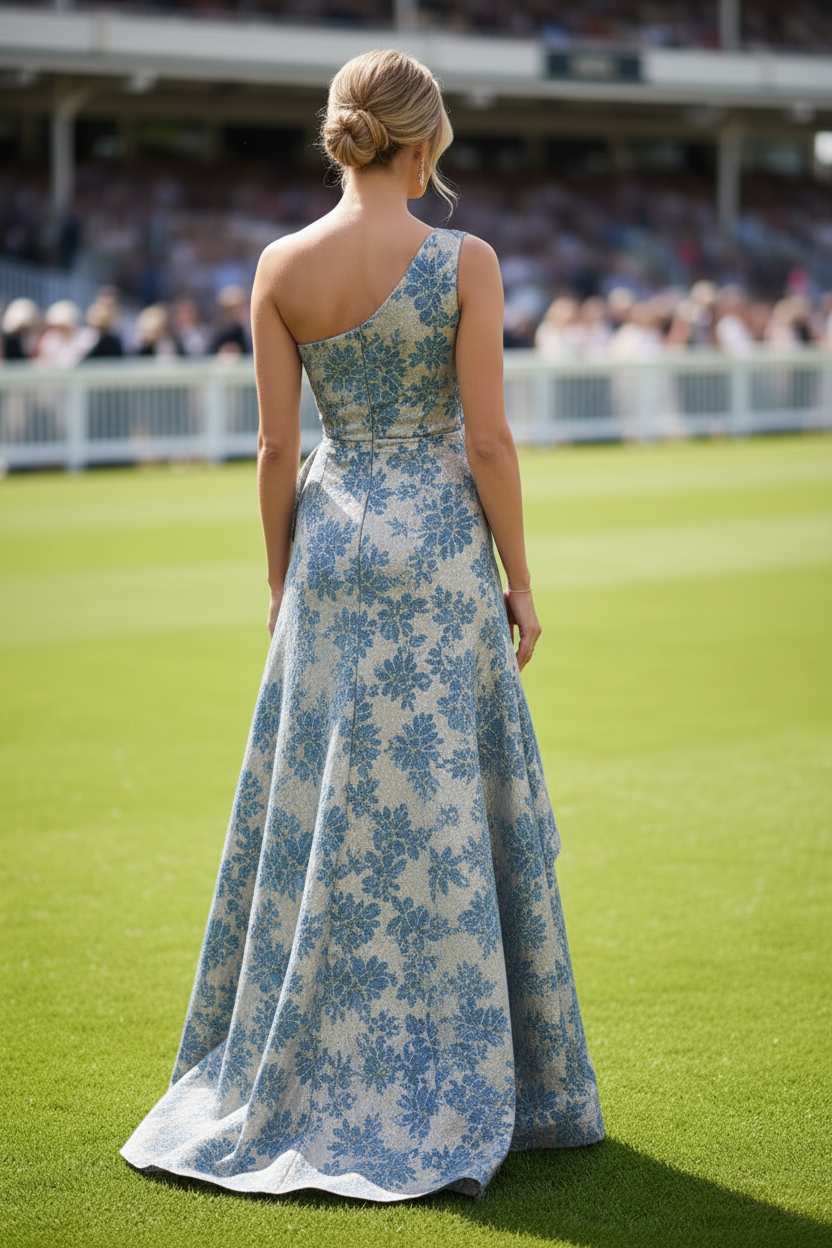 One-Shoulder Metallic Jacquard Evening Gown