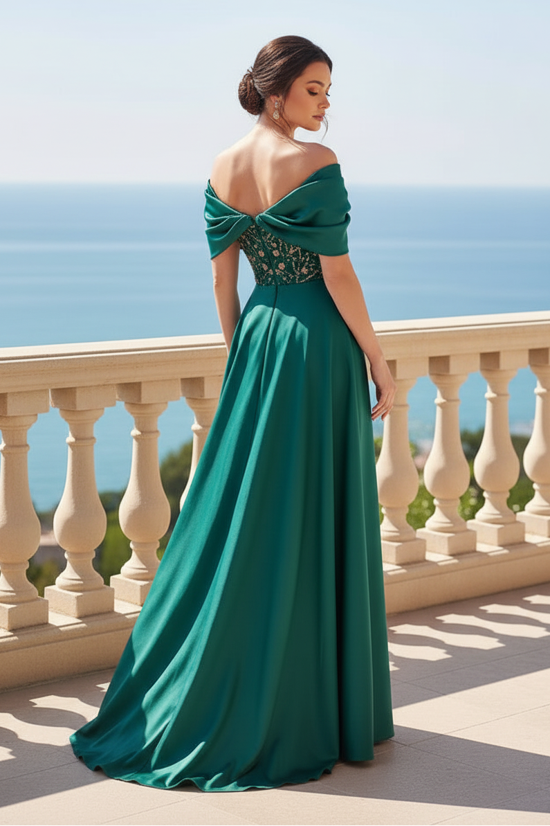 Off-the-Shoulder Sequin Gown with Draped Satin Skirt