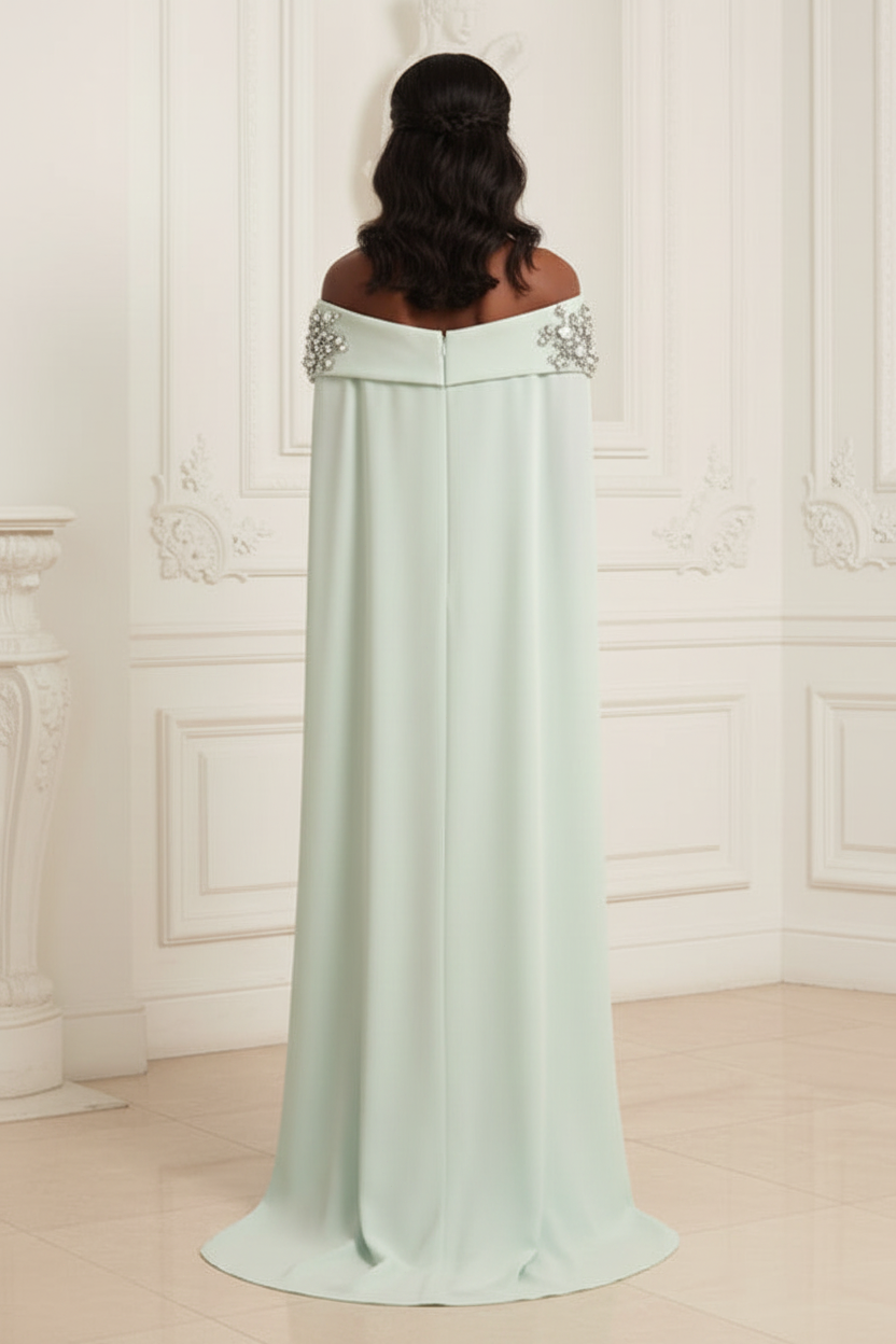 Floral Embellished Cape Off-the-Shoulder Gown