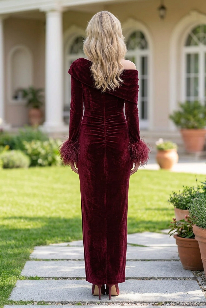 Velvet Maxi Dress with Asymmetrical Fold & Feather Cuffs
