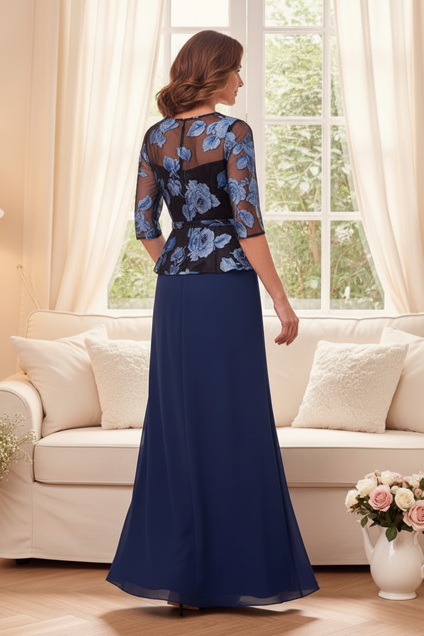 Floral Embroidered Peplum Maxi Dress with Sleeves