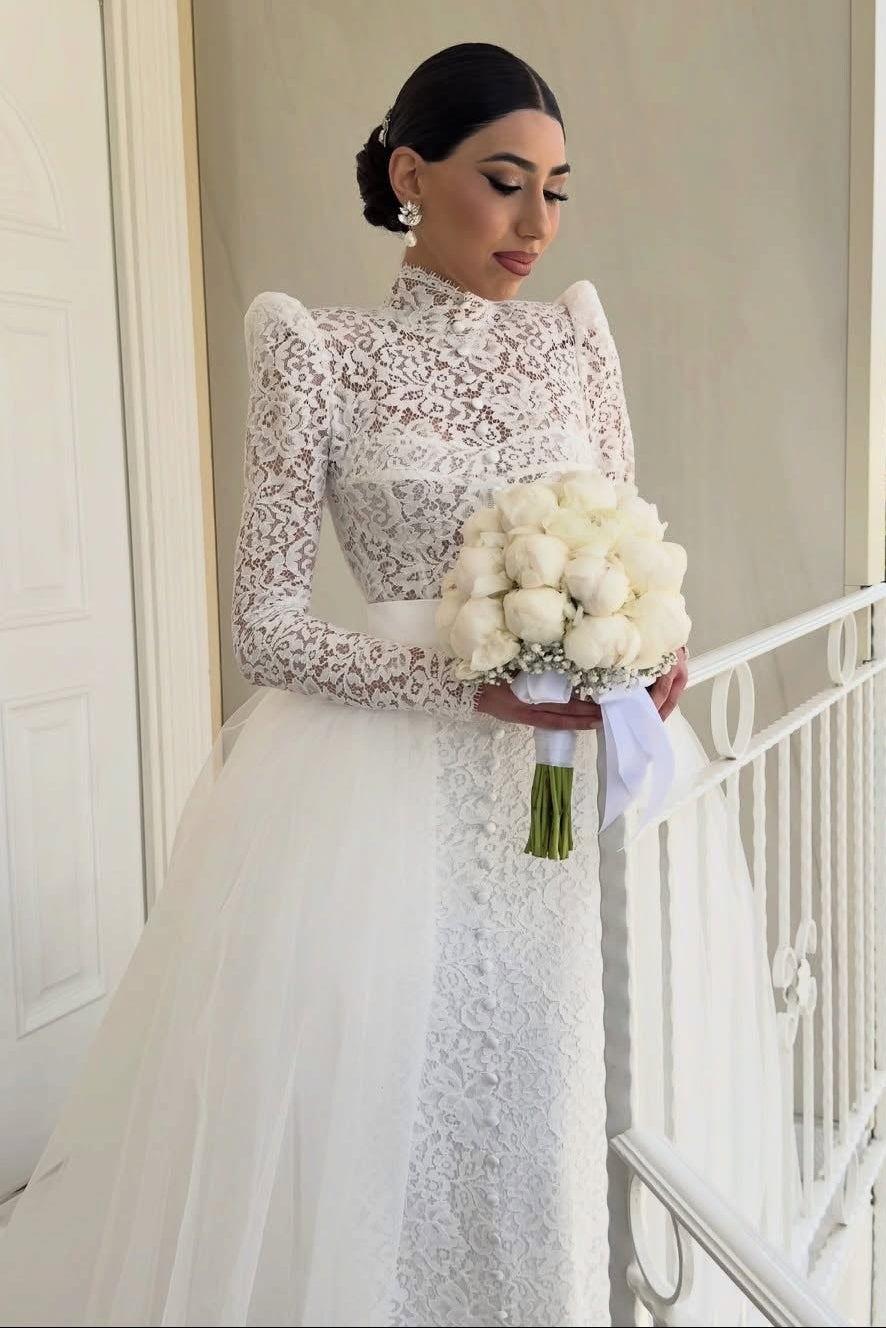 High Neck Lace Mermaid Wedding Dress with Detachable Train