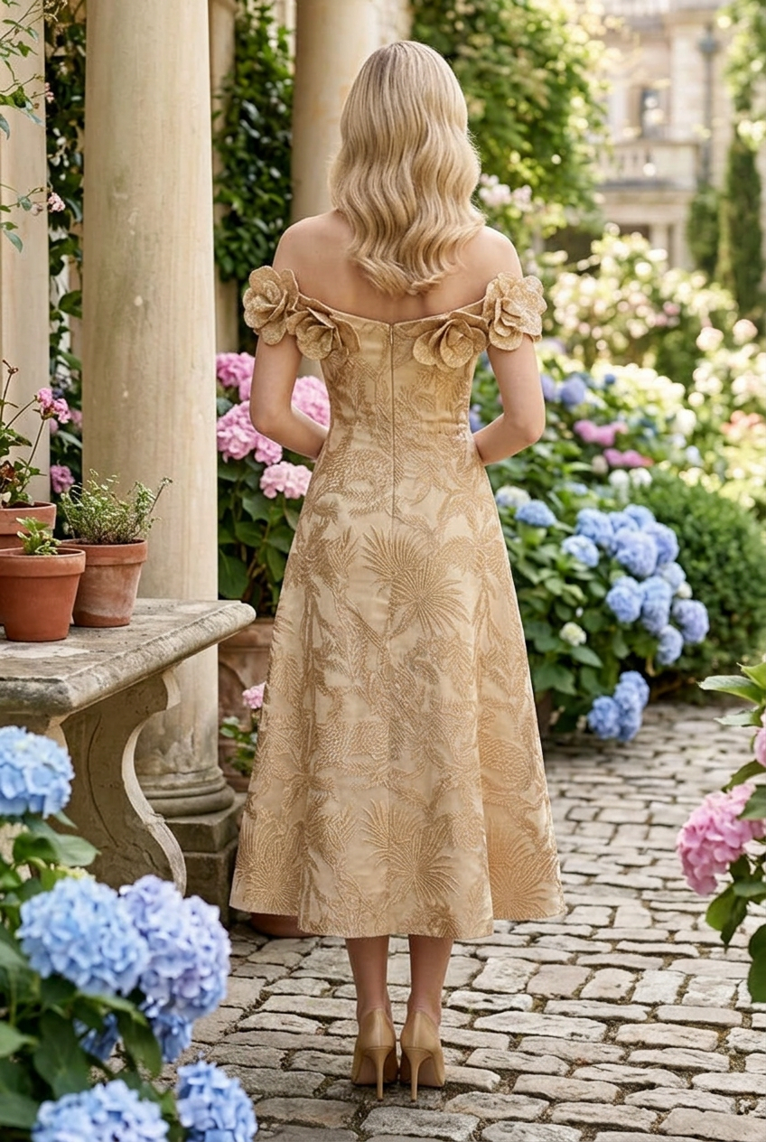 Off-the-Shoulder 3D Floral Midi Dress