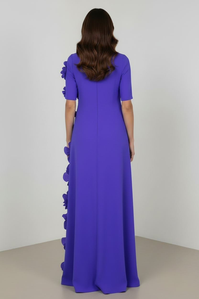 Elegant Purple Short Sleeve Column Gown with 3D Flowers & Bow