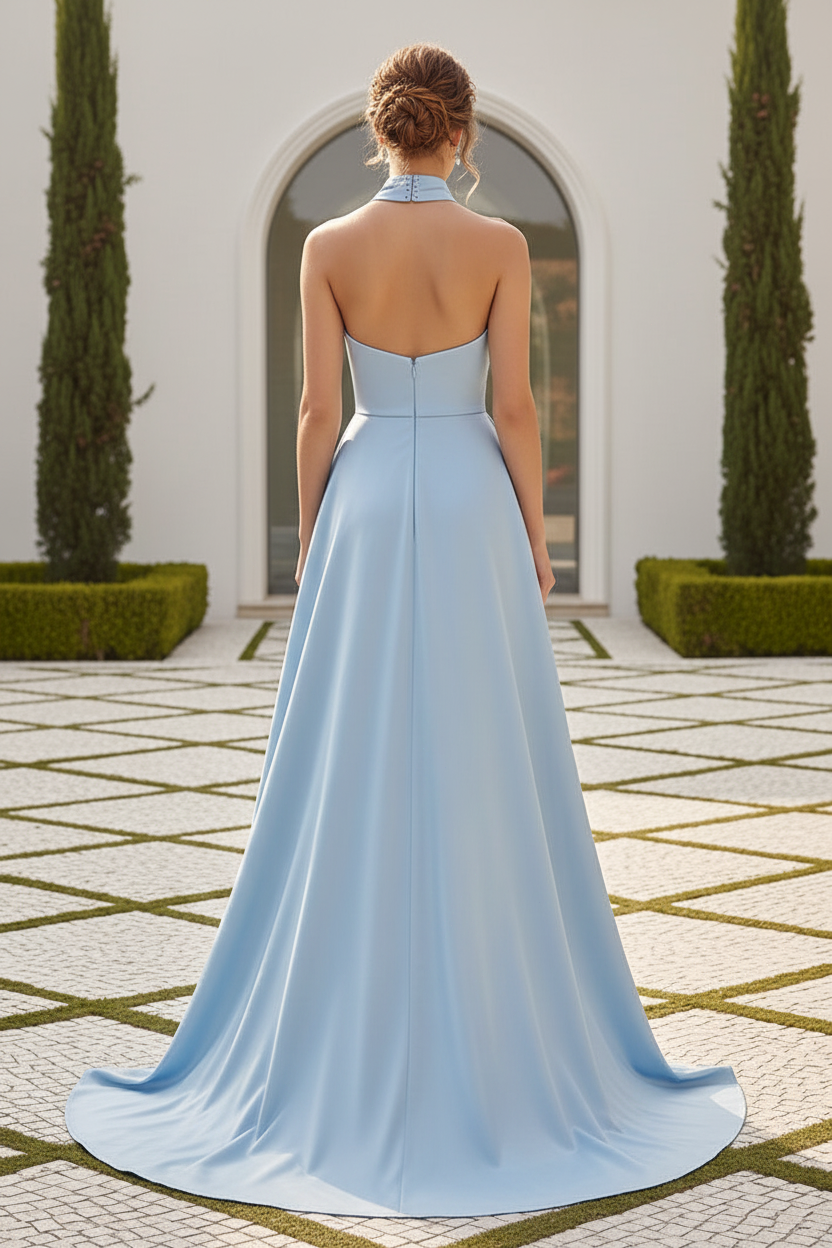 Halter Satin Evening Gown with Embroidered Skirt