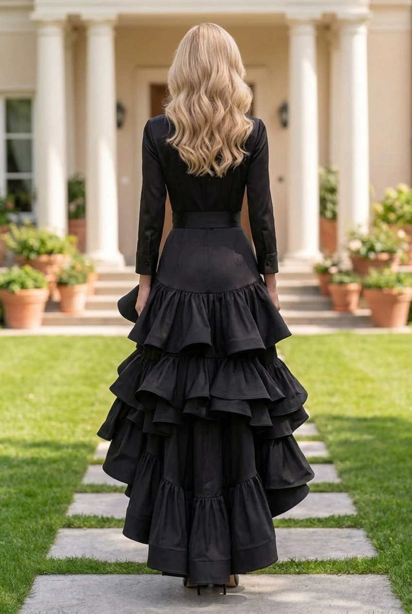 Tiered Ruffle High-Low Shirt Dress with Waistband