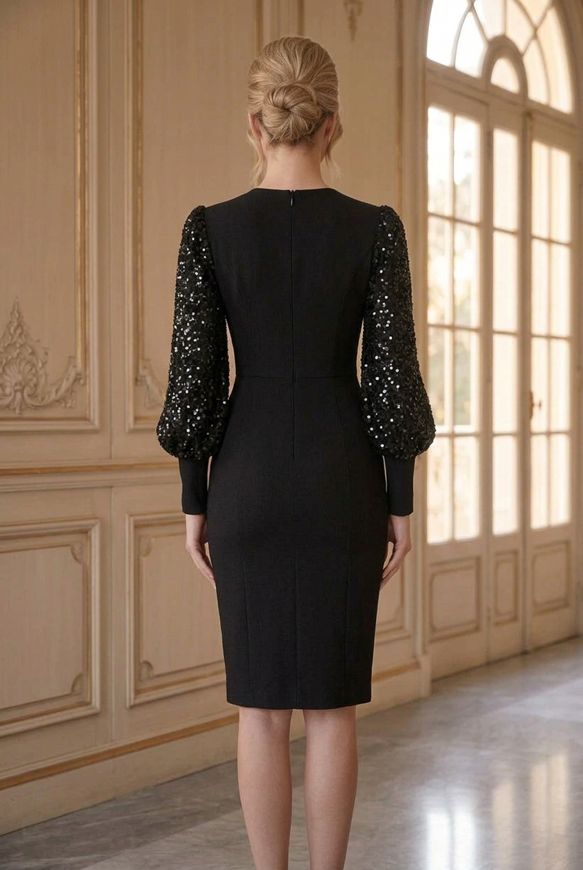 Sequined Balloon Sleeve Sheath Dress