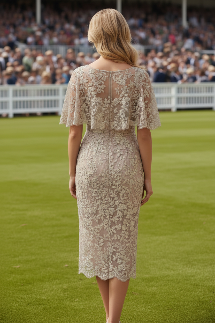 Elegant Lace Sheath Midi Dress with Cape