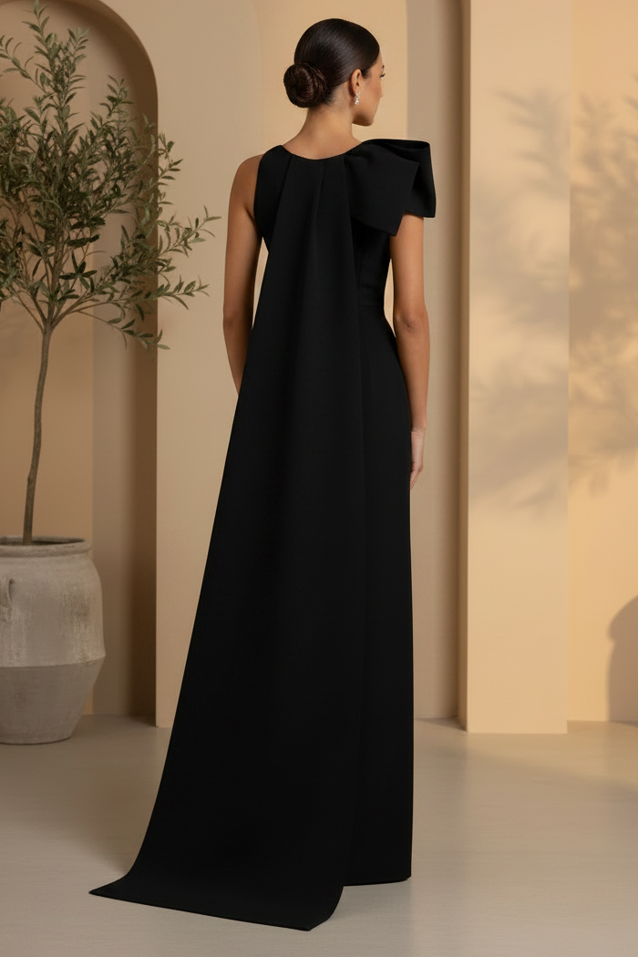 Bateau Neck Column Gown with Statement Back Bow