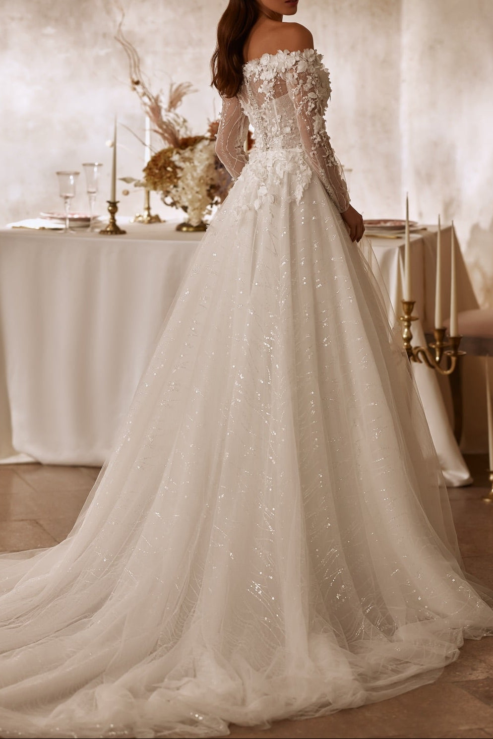 Off-Shoulder Floral Applique Tulle Wedding Gown