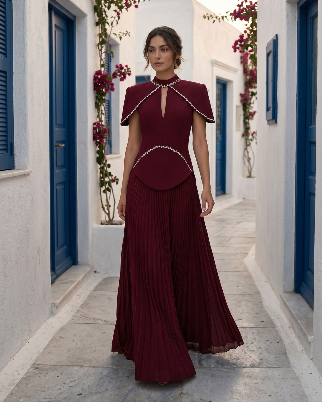 High Neck Keyhole Pleated Two-Piece Gown