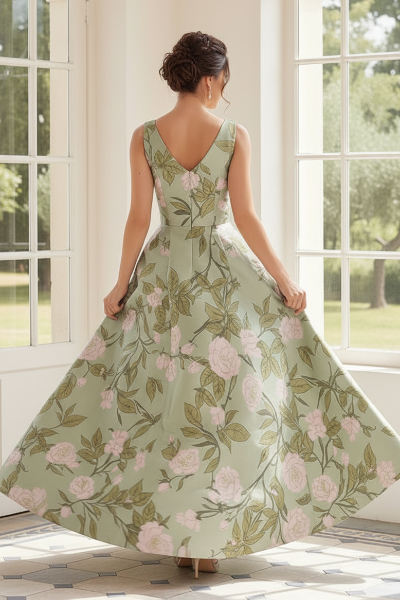 Floral Print V-Neck A-Line Gown with Pockets