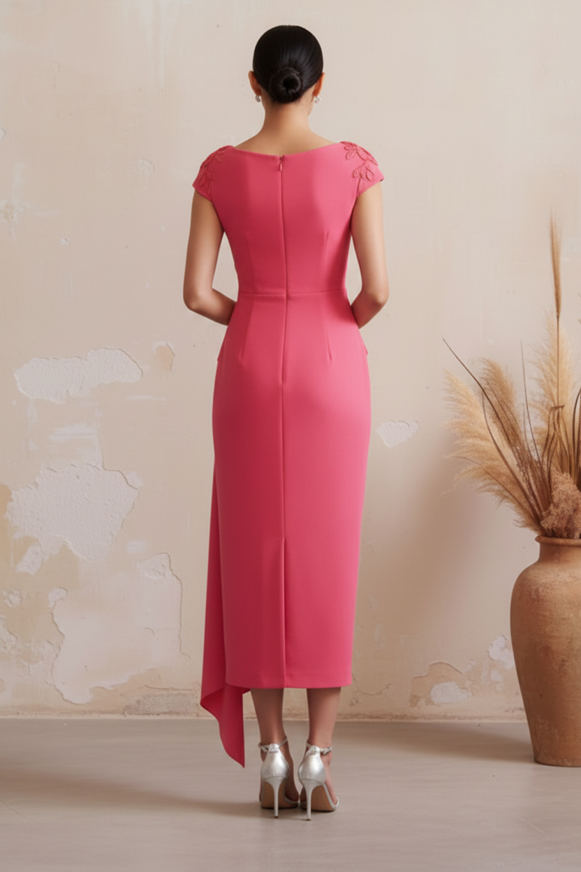 Floral Applique Ruched Asymmetrical Midi Dress