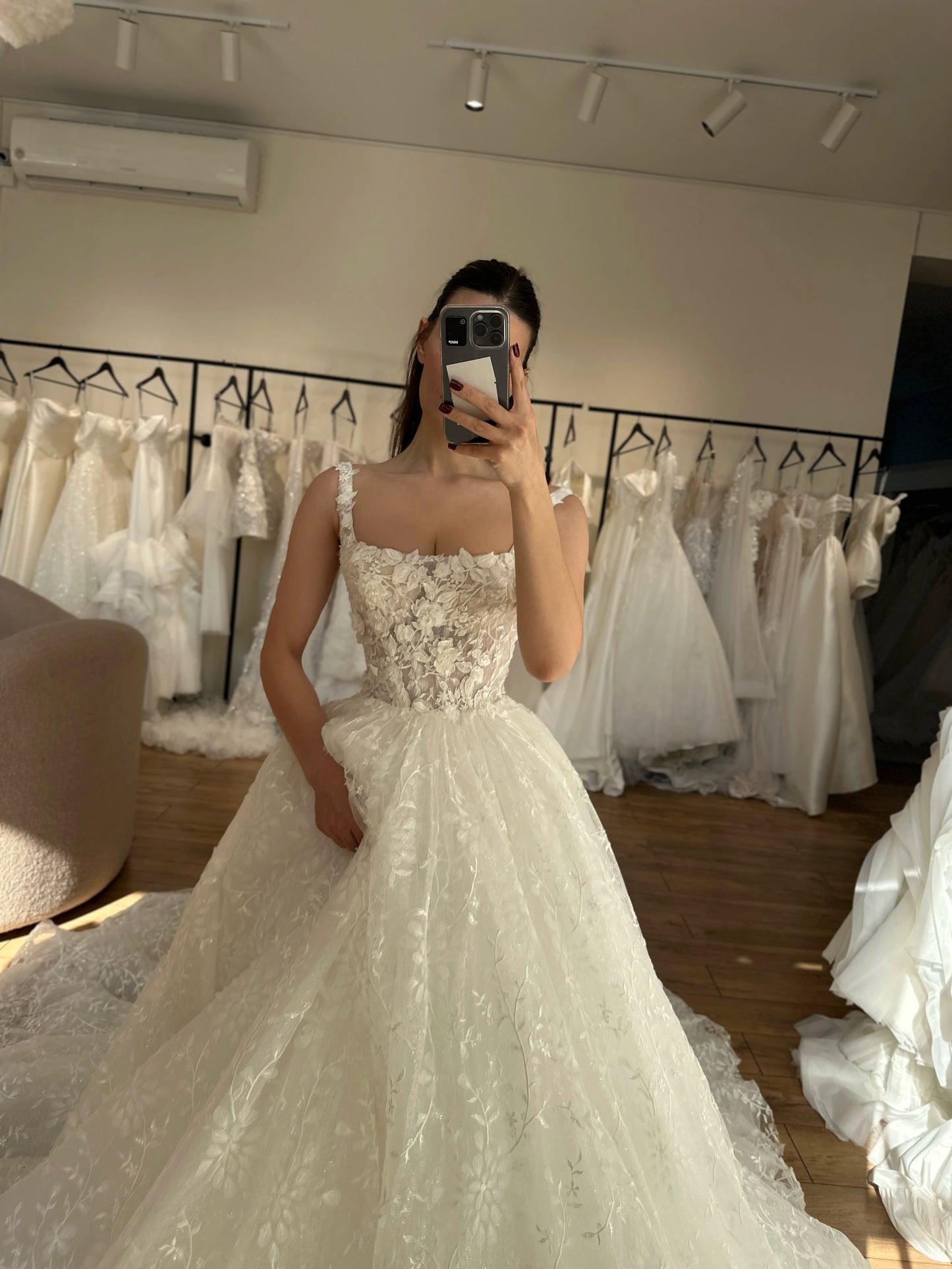 3D Floral Applique Square Neck Ball Gown Wedding Dress
