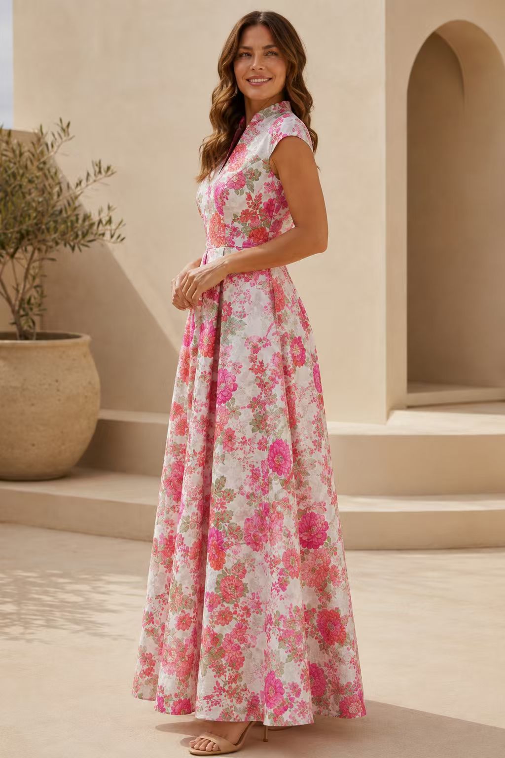 Cap Sleeve Floral Print Pleated Maxi Dress