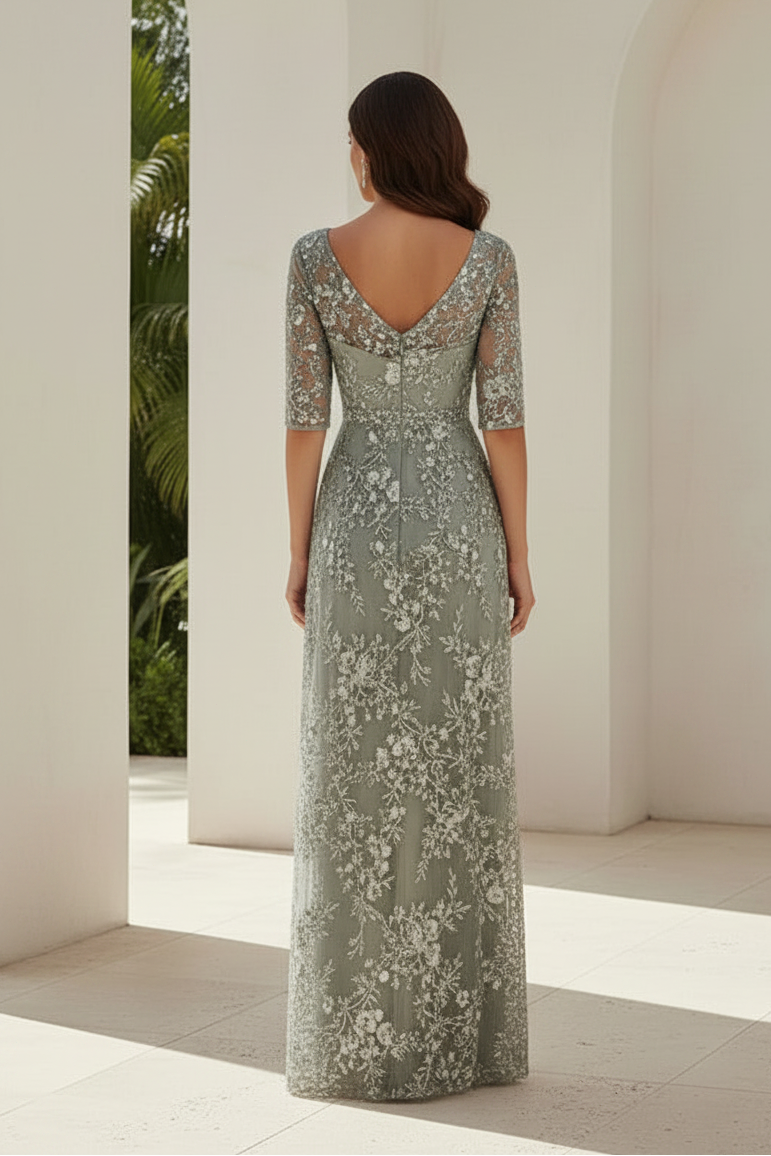 Illusion Floral Embroidered A-Line Evening Gown