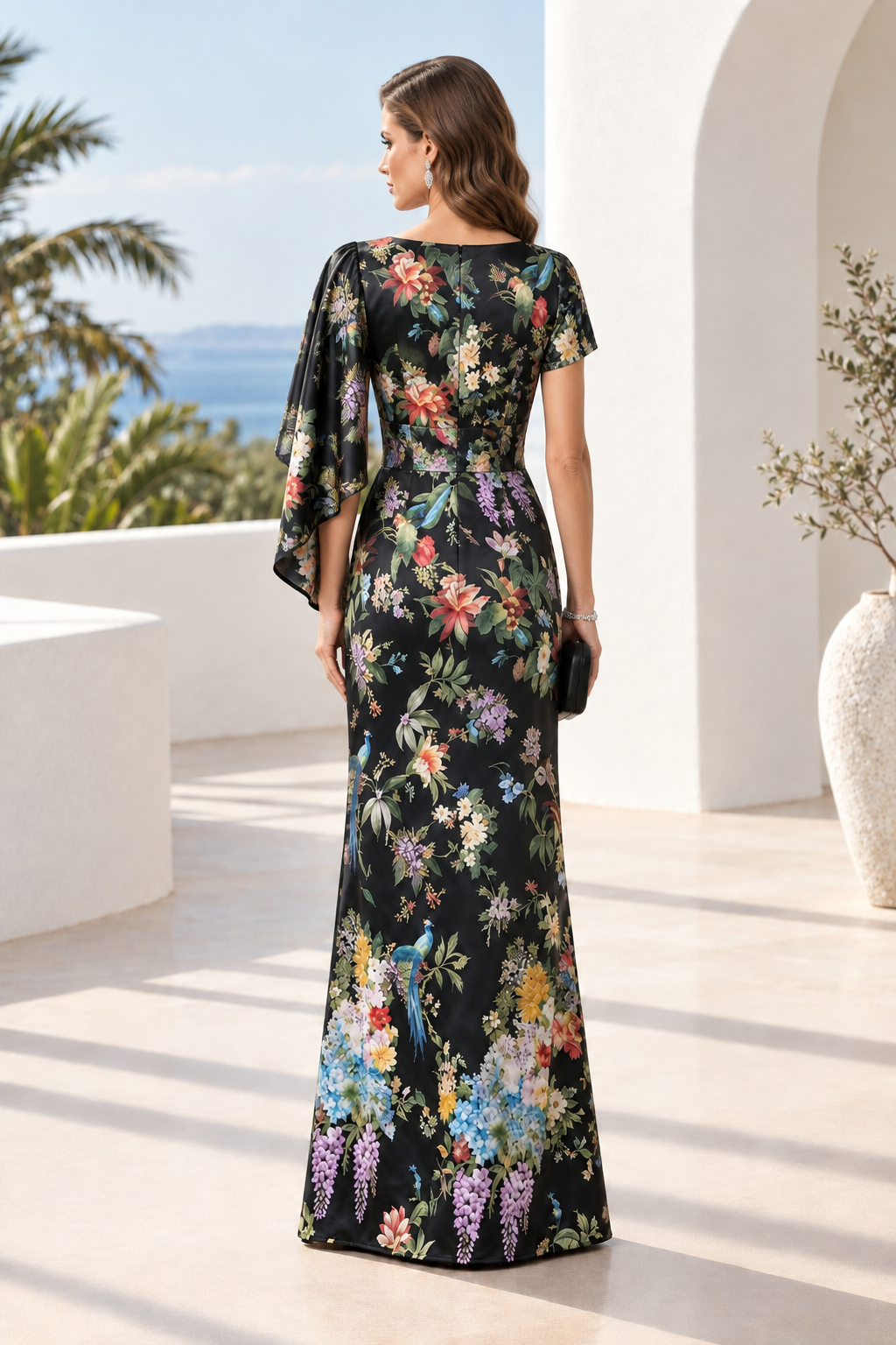 Floral Print Asymmetrical Cape Sleeve Gown