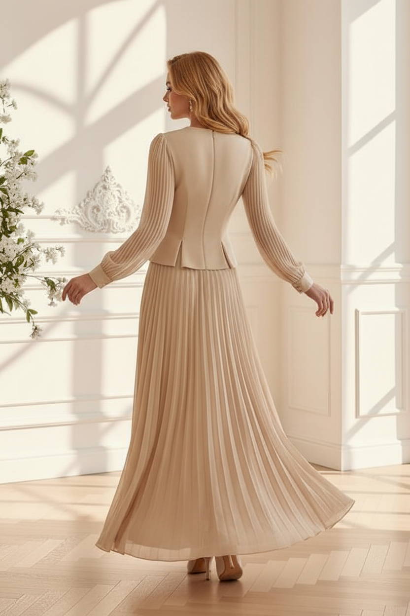 Embroidered Peplum Two-Piece Set with Pleated Maxi Skirt