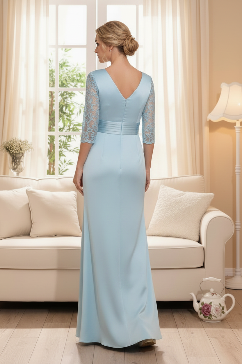 V-Neck Satin Gown with Lace Inset and 3/4 Sleeves