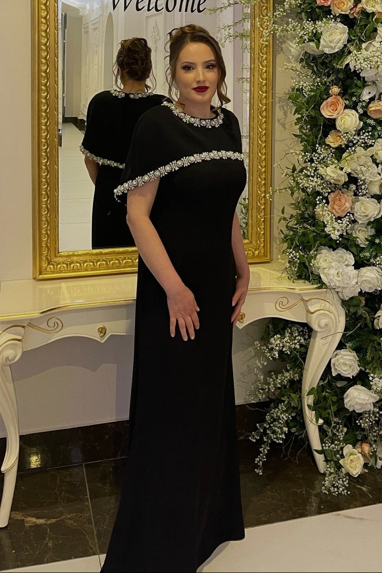 Crystal Embellished Capelet Sheath Evening Gown