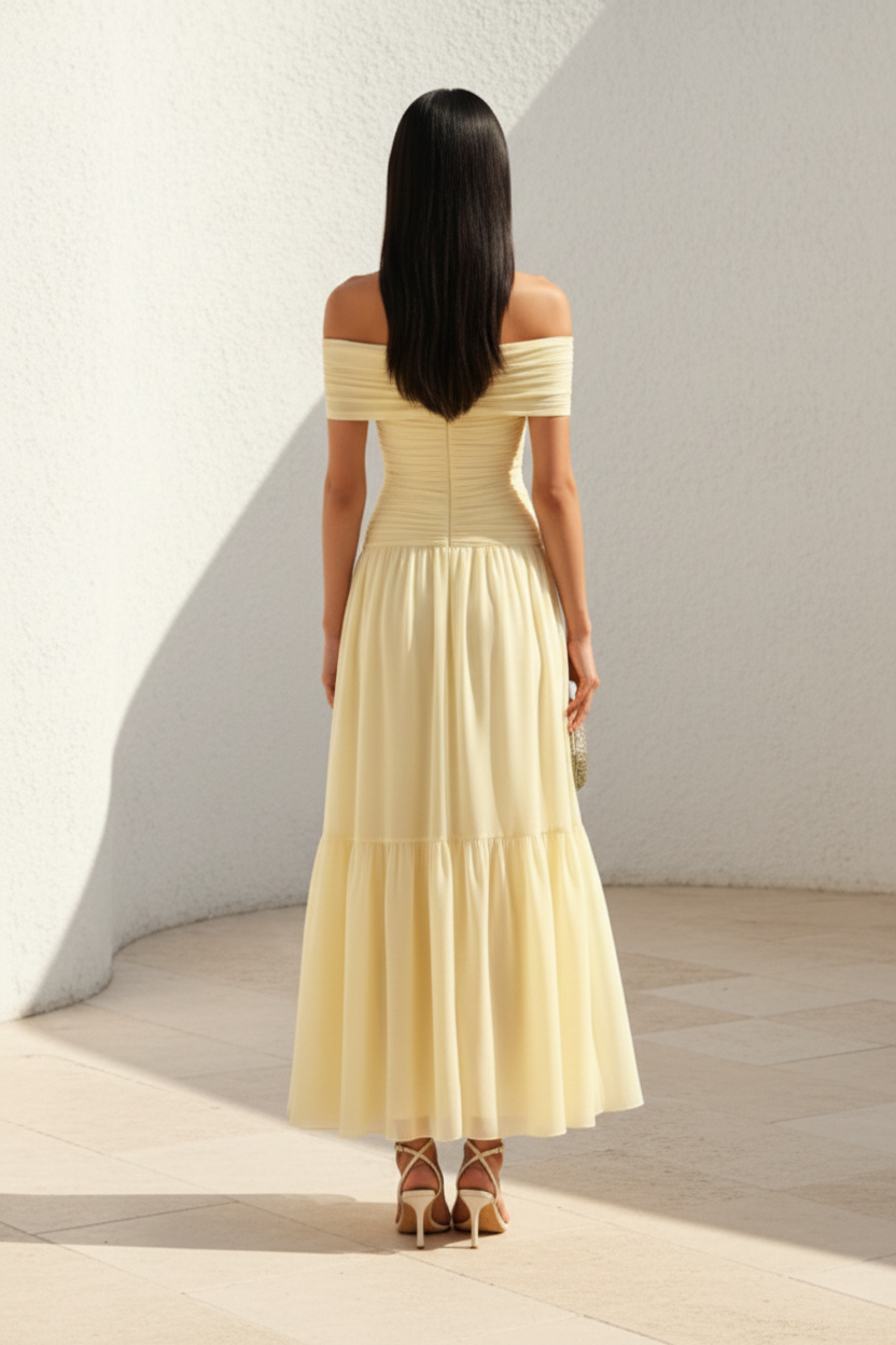 Off-Shoulder Ruched Tiered Maxi Dress