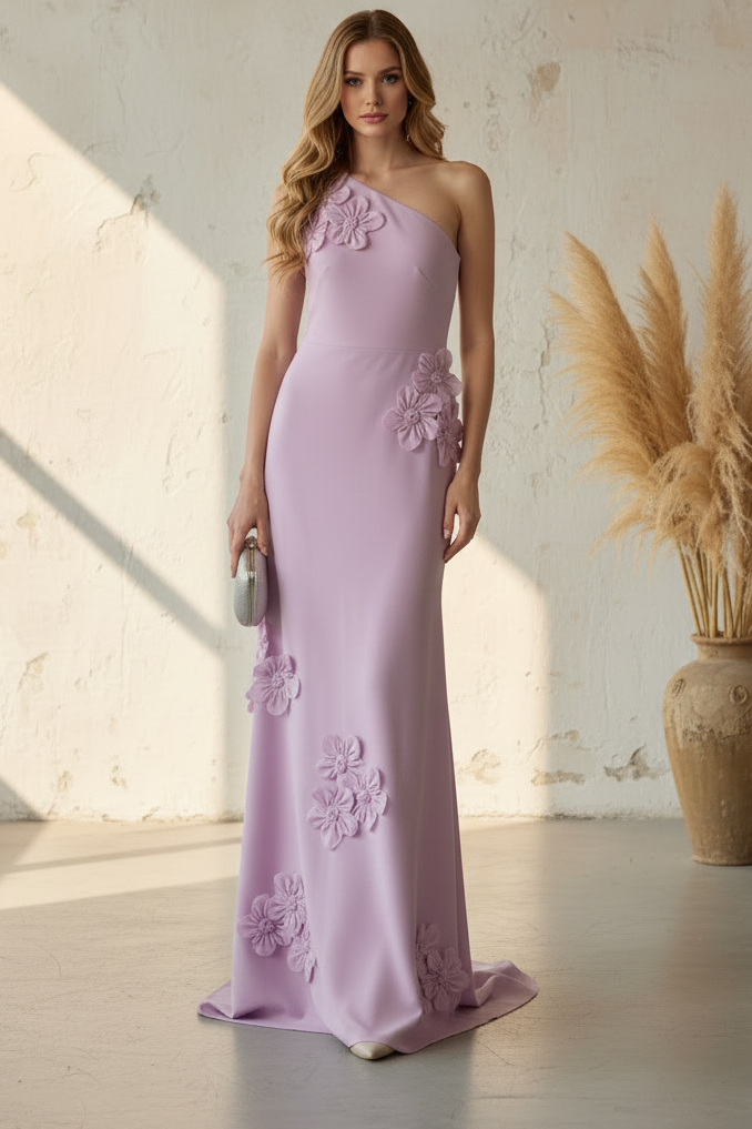 Lilac One Shoulder 3D Floral Applique Evening Gown