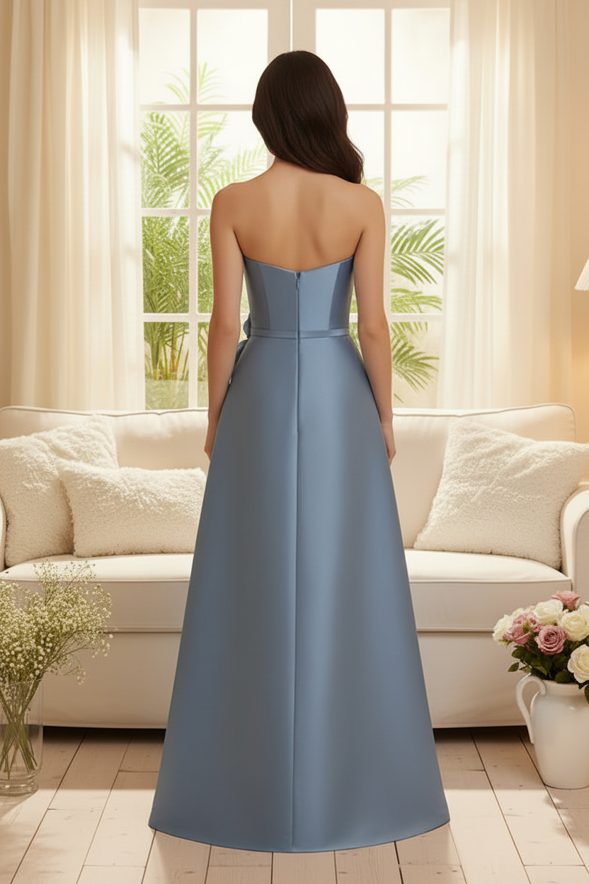 Strapless Satin A-Line Gown with 3D Floral Detail