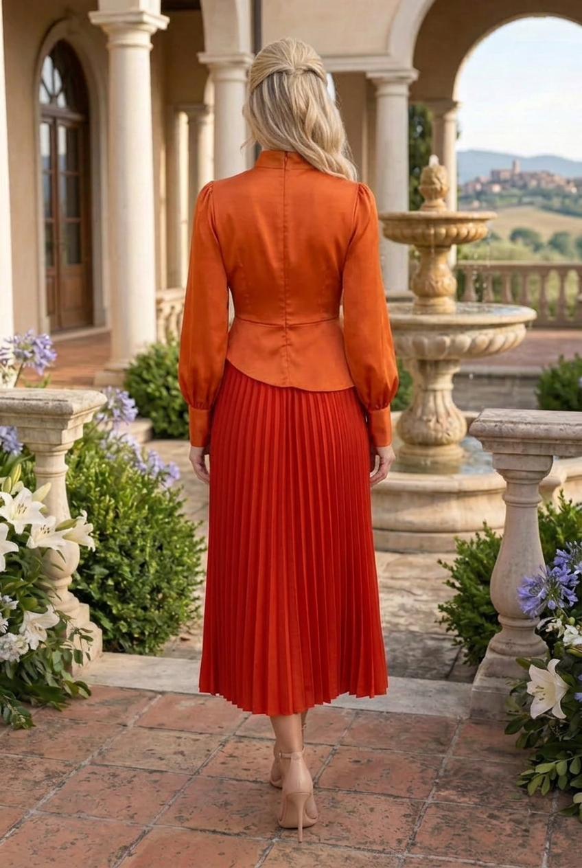 High-Neck Pleated Midi Dress with Bishop Sleeves