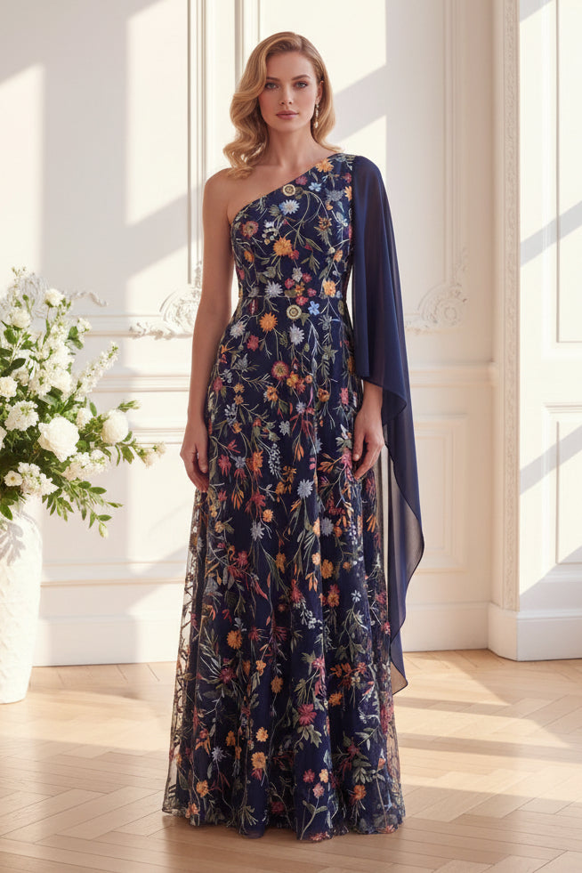 One-Shoulder Floral Embroidered Gown with Cape
