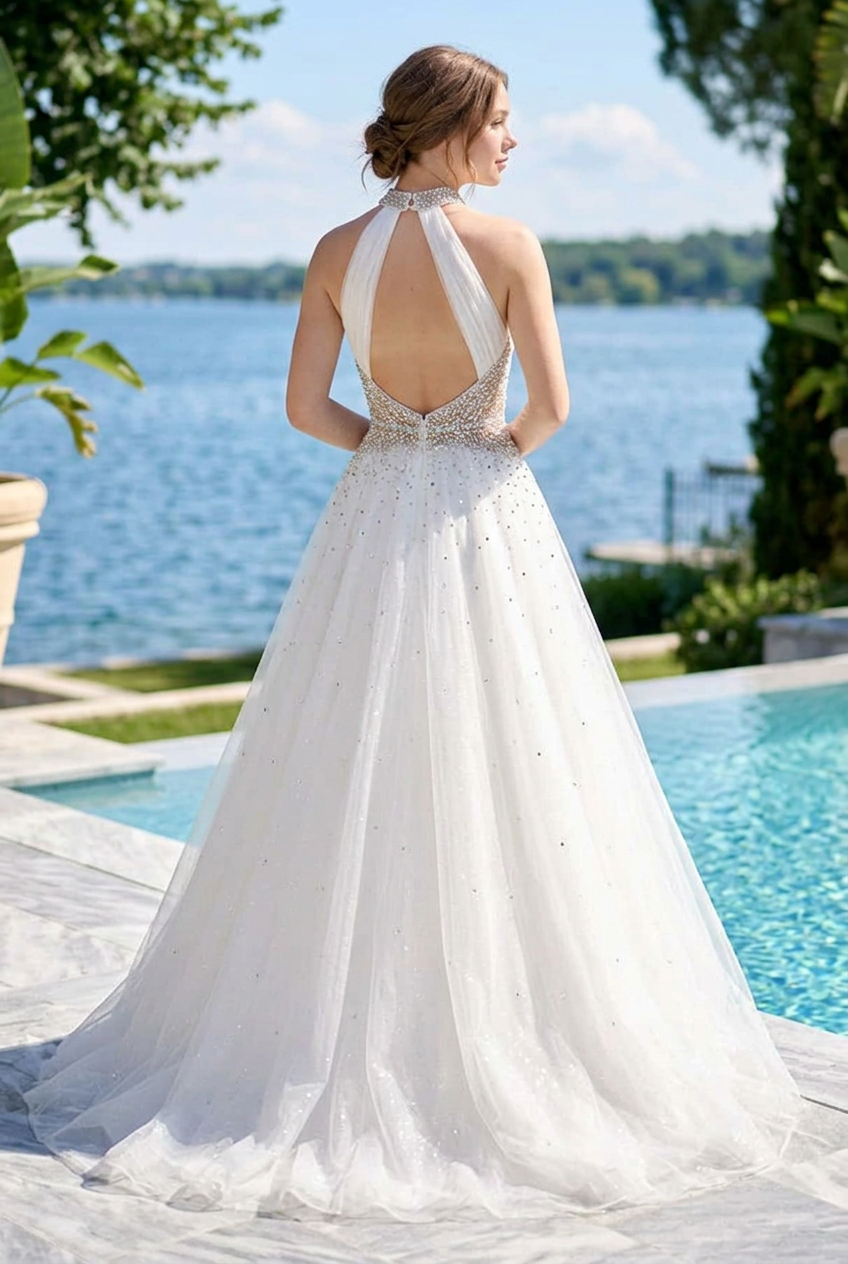 Beaded Halter A-Line Gown with Train