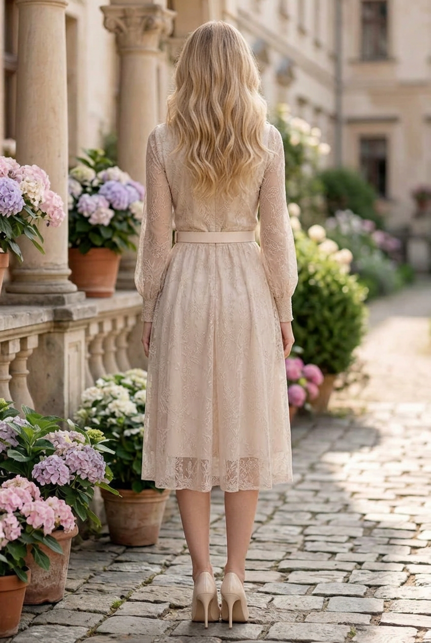 High-Neck Lace Midi Dress with Belted Waist