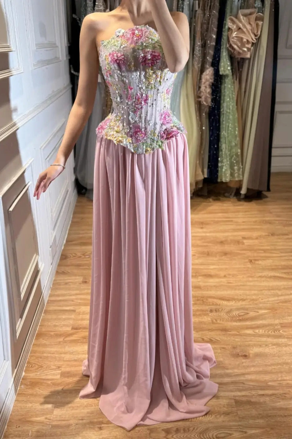 Strapless Corset A-Line Gown with 3D Flowers