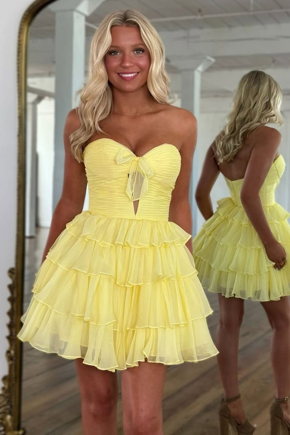 Strapless Ruched Sweetheart Tiered Mini Dress