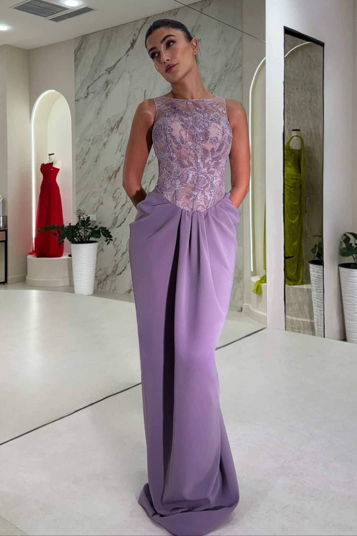 Illusion Lace Bodice Sheath Gown with Draped Skirt