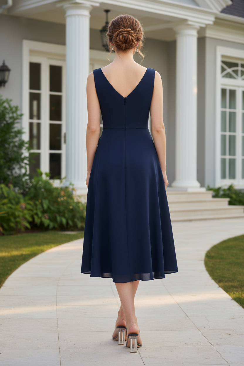 Sleeveless V-Neck Tea-Length Dress