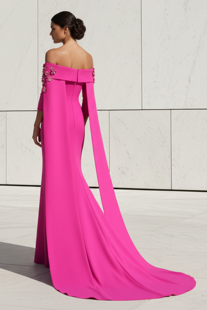 Off-the-Shoulder Crepe Gown with 3D Floral Cape
