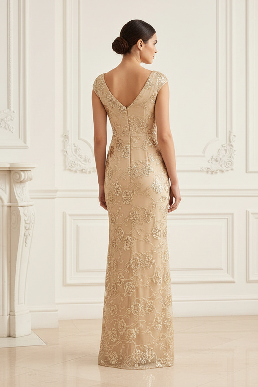Pleated V-Neck Beaded Evening Gown