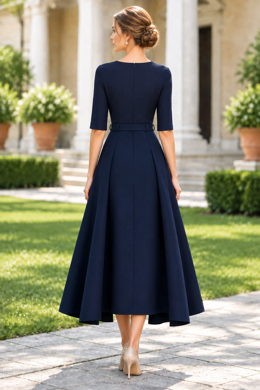 Belted Midi Dress with Pleated Overskirt