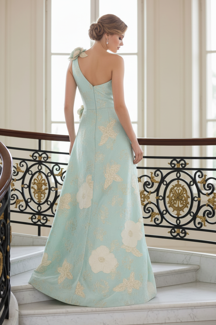 One-Shoulder Floral Jacquard A-Line Gown