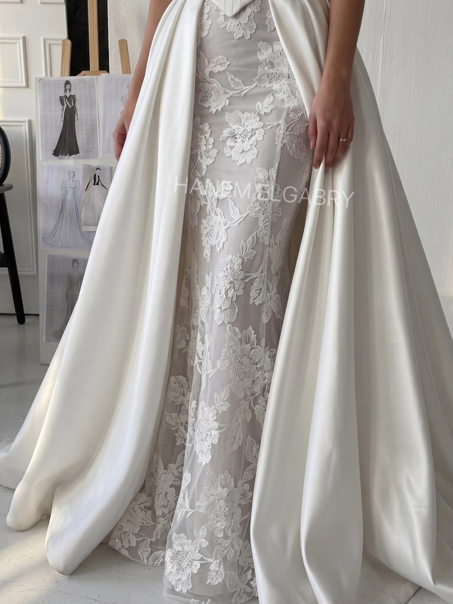 Long Sleeve Lace Bridal Gown with Corset Overskirt