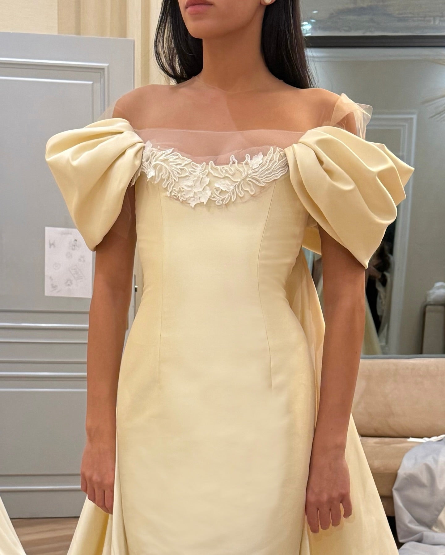 Off-the-Shoulder Satin Wedding Dress with Watteau Train