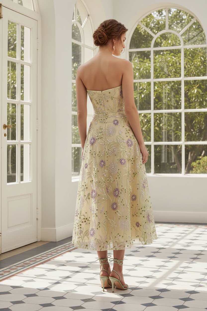 Strapless Floral Embroidered A-Line Midi Dress