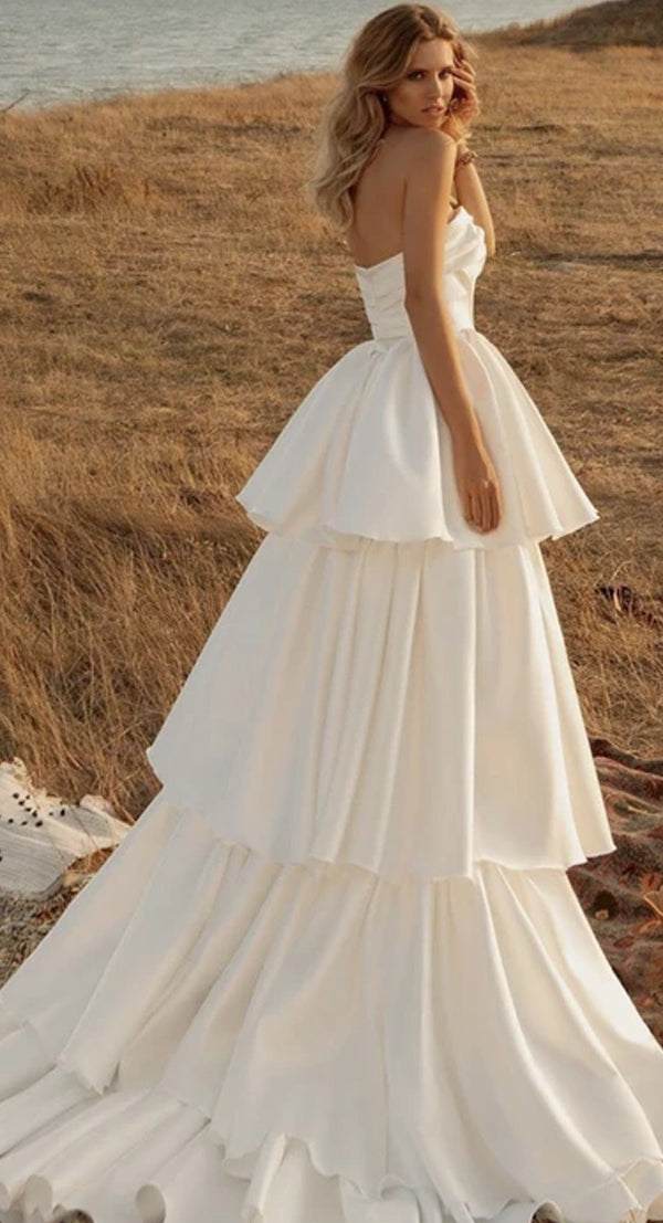 Strapless Tiered Satin Ball Gown Wedding Dress