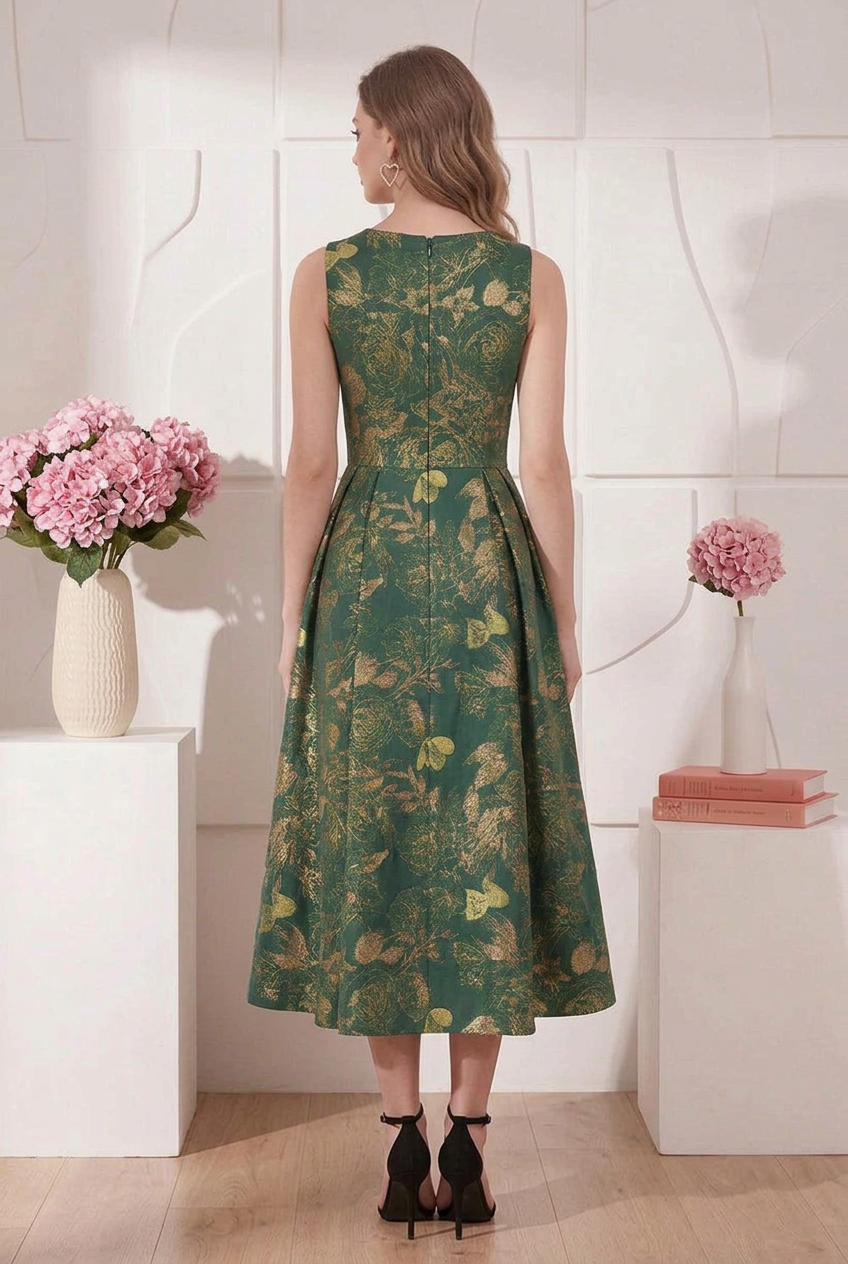 Floral Brocade Pleated Midi Dress