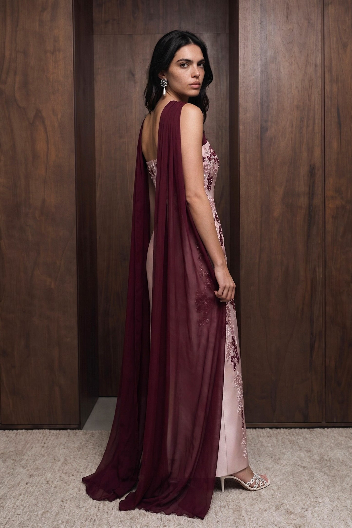 Embroidered Column Gown with Crisscross Cape