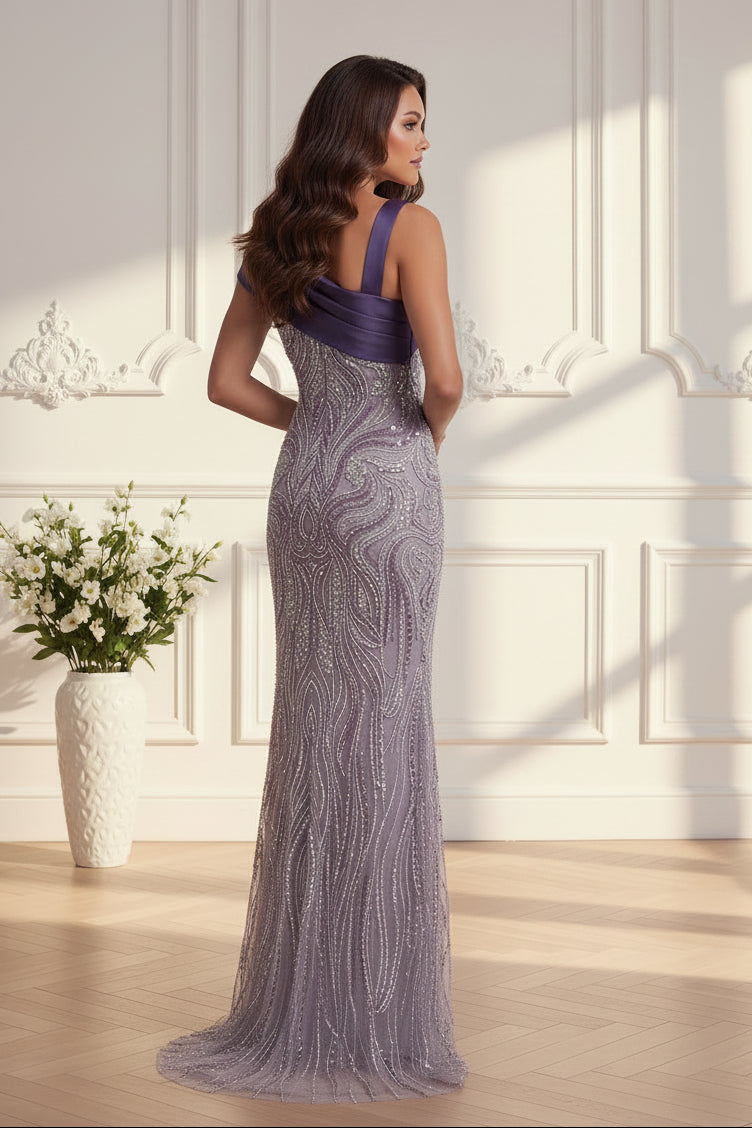 One-Shoulder Beaded Column Gown with Bow Detail