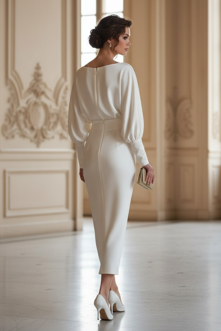 Bateau Neck Midi Dress with Bishop Sleeves